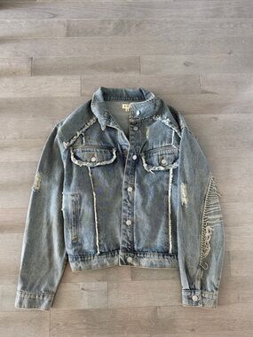 POL Distressed Light Blue Denim Jacket with Fringe